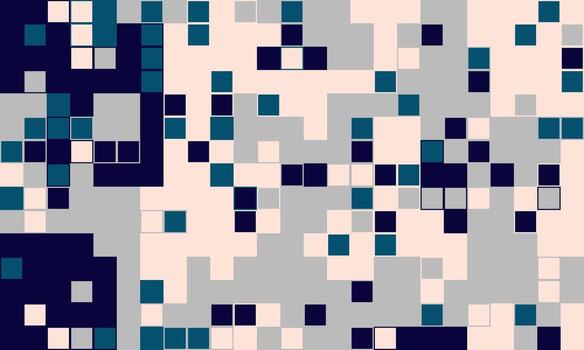 Abstract pixel art background. Modern, geometric design featuring a mosaic of teal, navy, grey and beige squares. Perfect for tech, website banners, or contemporary design projects. vector