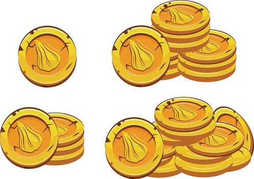 set of yellow coins presented individually and in stacks of different sizes with autumn long pumpkin design, for mobile games, virtual currency or casino vector