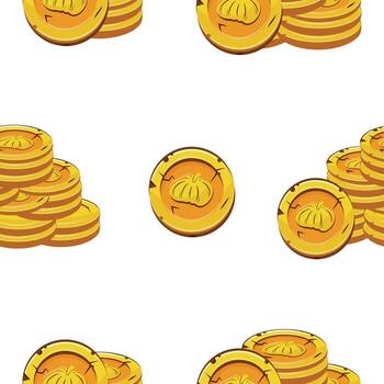 pattern with yellow coins presented individually and in stacks of different sizes with round pumpkins, for mobile games, virtual currency or casino vector