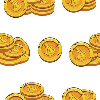 pattern with yellow coins presented individually and in stacks of different sizes with autumn design of long pumpkin shape, for mobile games, virtual currency or casino vector