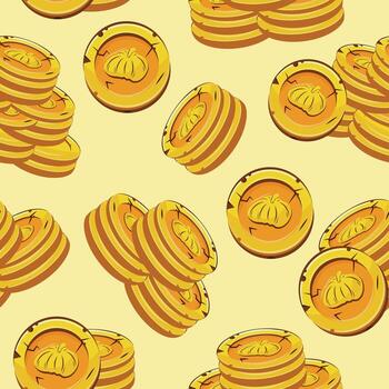 seamless pattern with yellow coins presented individually and in stacks of different sizes with round pumpkins on a yellow background vector