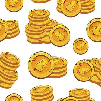 seamless pattern with yellow coins presented individually and in stacks of different sizes with autumn design of oval pumpkin, for mobile games, virtual currency or casino vector