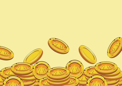 horizontal poster with yellow coins presented individually and in stacks of different sizes with autumn design of round pumpkin on yellow background vector