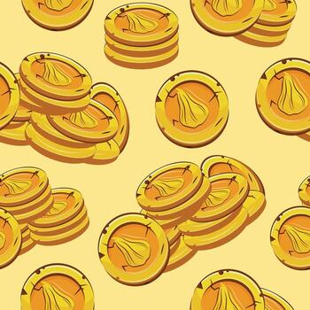 seamless pattern with yellow coins presented individually and in stacks of different sizes with autumn design of long pumpkin shape on yellow background, for mobile games, virtual currency vector