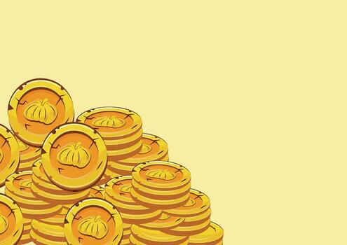 horizontal poster with yellow coins presented individually and in stacks of different sizes with round pumpkins on a yellow background vector