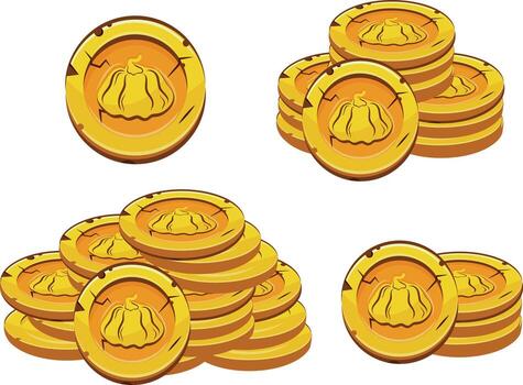 set of yellow coins presented individually and in stacks of different sizes with autumn design of round pumpkin vector