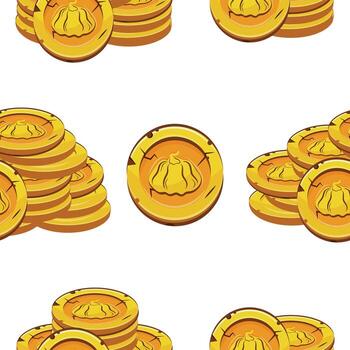 pattern with yellow coins presented individually and in stacks of different sizes with autumn design of round pumpkin vector