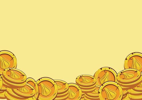 horizontal poster with yellow coins presented individually and in stacks of different sizes with autumn design of long pumpkin shape on yellow background vector
