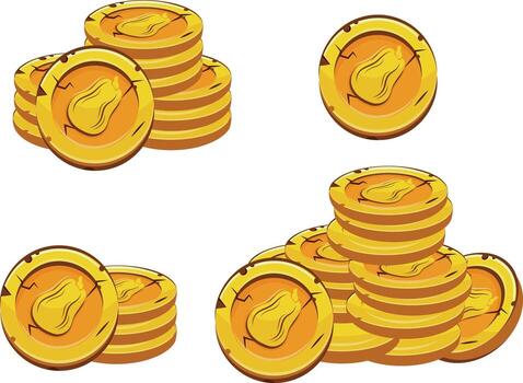 set of yellow coins presented individually and in stacks of different sizes with autumn design of oval pumpkin vector