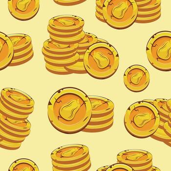 seamless pattern with yellow coins presented individually and in stacks of different sizes with autumn design of oval pumpkin on yellow background vector