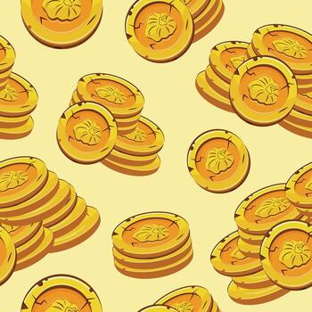 seamless pattern with yellow coins with autumn design with deformed pumpkins presented separately on yellow background vector
