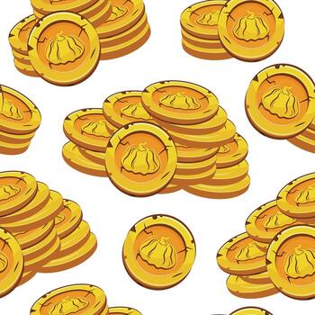 seamless pattern with yellow coins presented individually and in stacks of different sizes with autumn design of round pumpkin vector