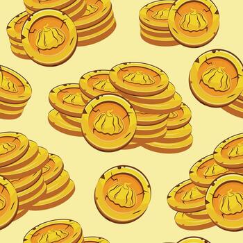seamless pattern with yellow coins presented individually and in stacks of different sizes with autumn design of round pumpkin on yellow background vector