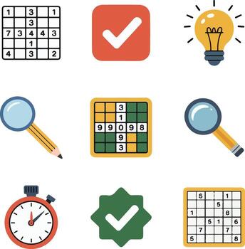 Sudoku puzzle icon set with brain game, logic puzzle, timer, pencil, lightbulb, grid, and check mark symbols illustration vector