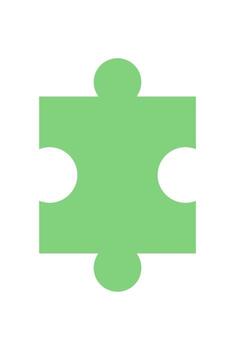Flat silhouette of a green jigsaw puzzle piece. Isolated puzzle element as part of a boardgame on table. Ideal for childhood hobby activities, playful concepts, and fun entertainment visuals. vector