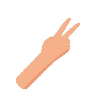 Cartoon style hand with palm and fingers showing number two. Gesture of a bare hand with two fingers up. Flat graphic element for basic math, education visuals, or counting concepts. vector
