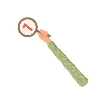 Flat hand holding a circular seven rating symbol. Arm showing feedback and rate evaluation with a satisfaction star and vote. Review quality concept, isolated circle element, business theme. vector