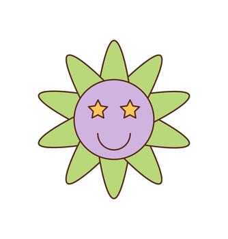 Groovy y2k flower with cartoon graphic style smile and star eyes combines happy and colorful funky appeal. Cute retro groovy element shines as a playful joyful symbol for creative fun design. vector