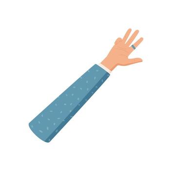 Cartoon hand with raised four fingers. Human palm with a gesture to count number four. Arm a blue sleeve, flat style, isolated design element, educational and professional use. vector