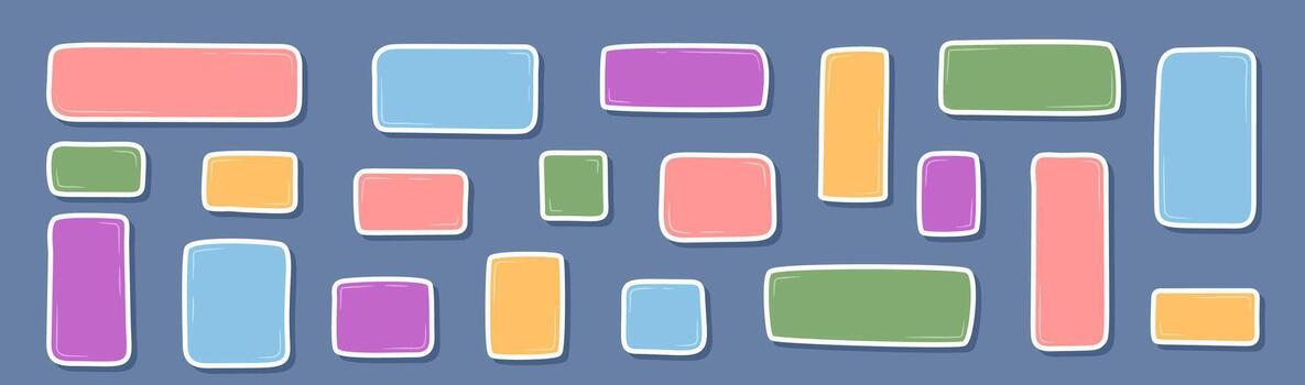 Cartoon rectangle sticker set in hand drawn doodle style on blue background. Patch and organic box label as memo note collection in colorful text, ideal for playful decor, creative message or modern vector