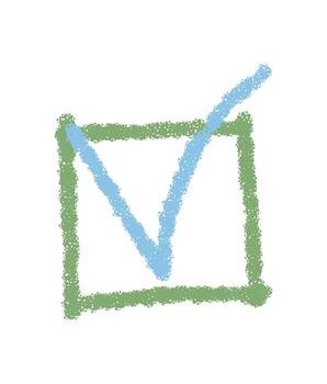 Crayon checkbox symbol in a rough sketch style with square shape and blue tick mark. This check box icon element creates a playful graphic, ideal for use in isolated projects. vector