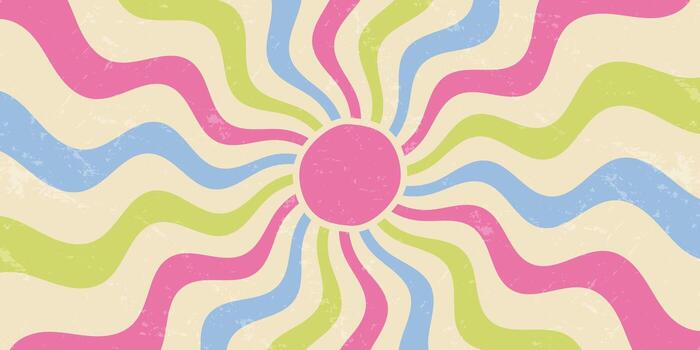Groovy sun burst with grunge and retro style shapes in bright color and wavy ray pattern. Sunshine effect creates y2k mood grungy horizontal background, bold visual for modern projects. vector