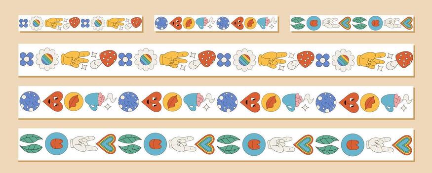 maravilloso retro sin costura frontera modelo conjunto en vistoso estilo. garabatear corazón, flor, champiñón, y sonriente elementos combinar como juguetón sin costura frontera y marco con y2k diseño concepto para creativo vector