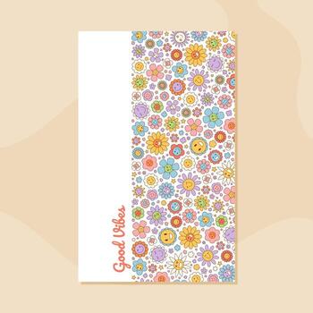 maravilloso retro floral modelo en vistoso estilo con margarita, manzanilla, y girasol. antecedentes de contento sonriente flores crea un alegre y2k bandera diseño, ideal como póster para juguetón verano y vector