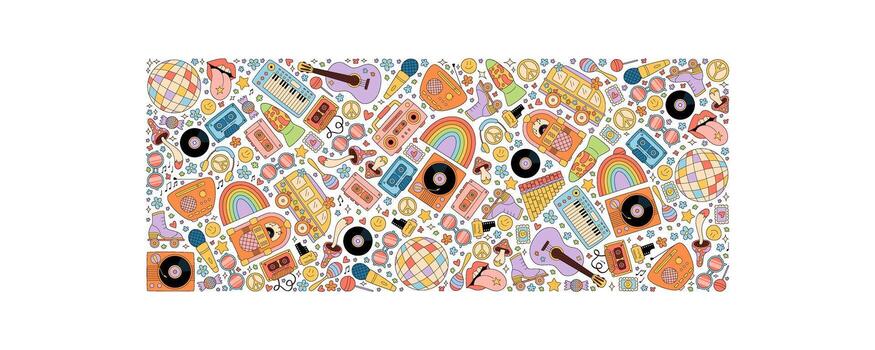 maravilloso retro música rectángulo modelo antecedentes con registro, casete, estéreo portátil, y guitarra en un vistoso gráfico concepto. miedoso y2k popular estilo apoyos Clásico y moderno creativo proyectos vector