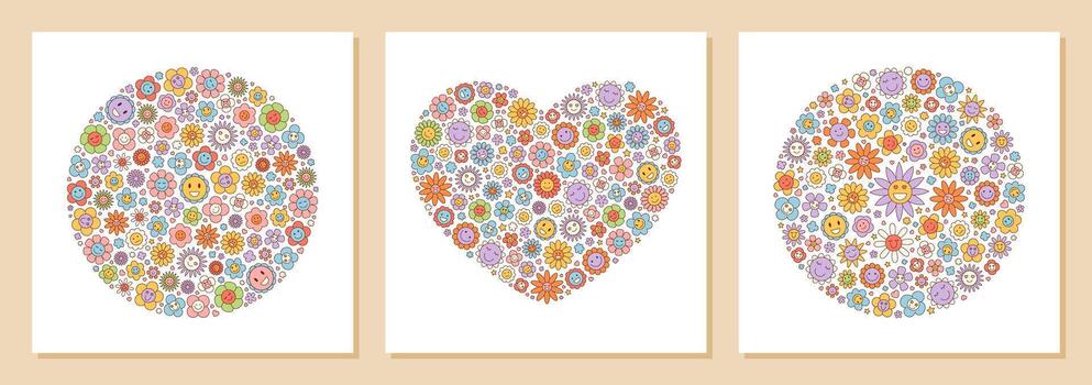 maravilloso 70s dibujos animados flor modelo en corazón y circulo forma con vistoso margarita, sonriente emojis, y retro y2k antecedentes colocar. divertido conjunto gráfico combina Clásico juguetón estilo. vector