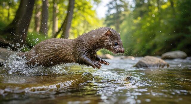 dynamic action shot of an american mink leaping across a sparkling forest stream photo