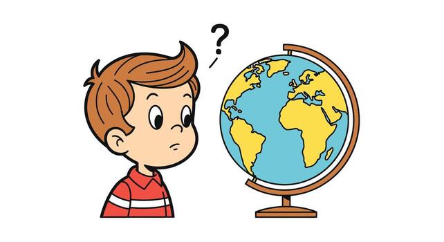 Curious Boy Contemplates a World Globe, Pondering Geography in a Thoughtful and Intrigued Classroom Setting vector