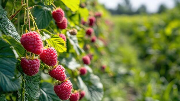 Fresh red raspberries on vines photo