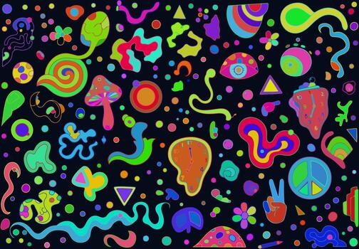 A psychedelic pattern with many different shapes and colors vector
