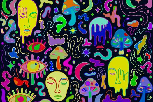 A psychedelic pattern with many different colored faces vector