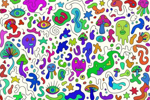 A psychedelic pattern with many different colored objects vector