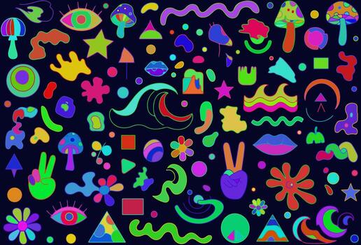 A colorful psychedelic pattern with many different shapes vector