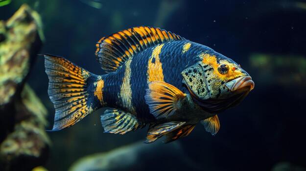 Vibrant fish with intricate patterns in a dark aquarium. photo