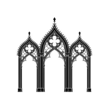 Black Gothic architectural archway with quatrefoil tracery and pinnacles architecture black and white vector