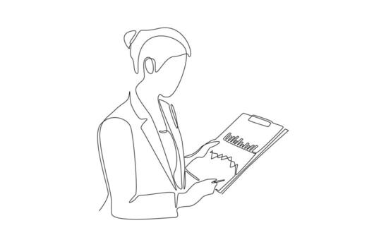 continuo uno línea dibujo de mujer de negocios analizando financiero datos y cartas en portapapeles, simbolizando análisis, decisión haciendo, y estratégico planificación, soltero línea Arte vector