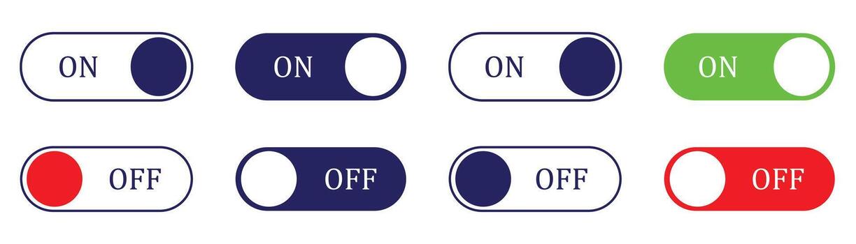 ON and OFF button icon set. Set of power on and off switch icon collection isolated on white background. Toggle switch symbol blue, red and green on and off switch button. Simple illustration. vector