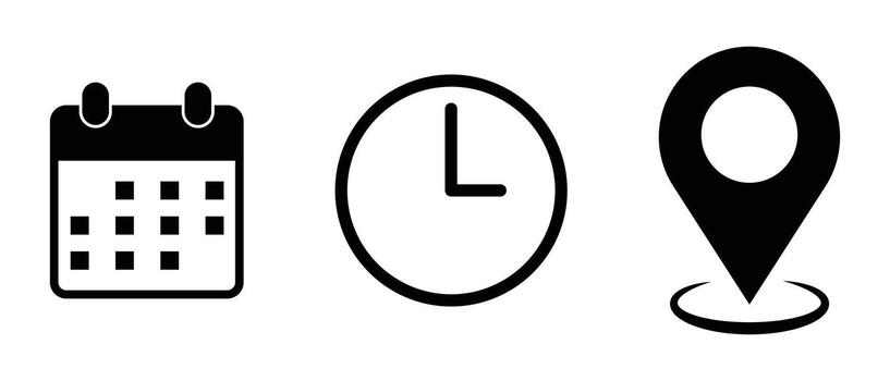 Date, Time, Location icon. Event elements isolated stopwatch timer on white background. Date, clock and location sign symbol address icon set template. Simple illustration. eps 10 vector