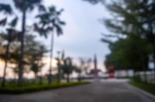 Blurred view of palm trees along a road with a gate in the distance under a cloudy sky. The scene evokes a sense of tranquility and natural beauty. Serene landscape. photo