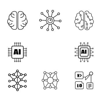 un yo íconos conjunto negro línea cerebro red chip artificial inteligencia vector