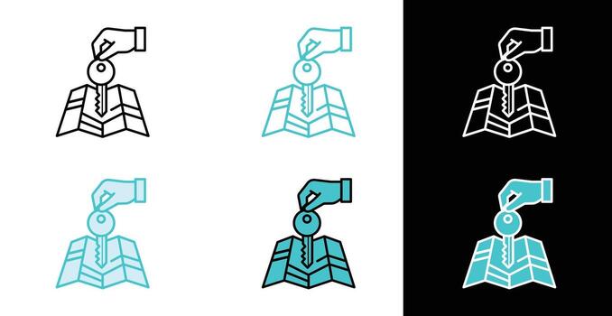 Hand holding a key over a map icon in line and flat style vector
