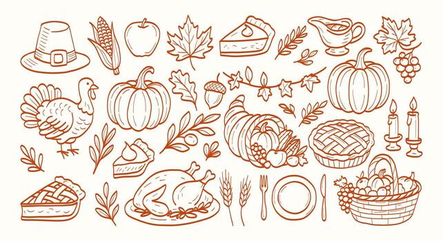 A drawing of a Thanksgiving table with many different foods and utensils. The drawing is orange and has a festive mood vector