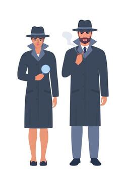 Private detectives couple in gray hats and coats. Handsome man and woman characters. illustration isolated on white background. vector