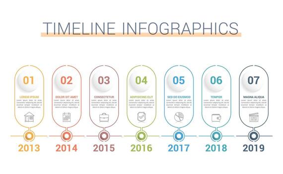Seven steps timeline infographics template with vertical frames for icons and text vector