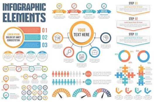 Infographic elements - process, steps, options, workflow, timeline, circle diagram, timeilne, human infographics, pie charts, puzzle infographics vector