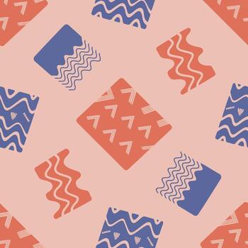 Vibrant abstract geometric shapes in coral and blue create a playful, modern pattern for design projects. vector